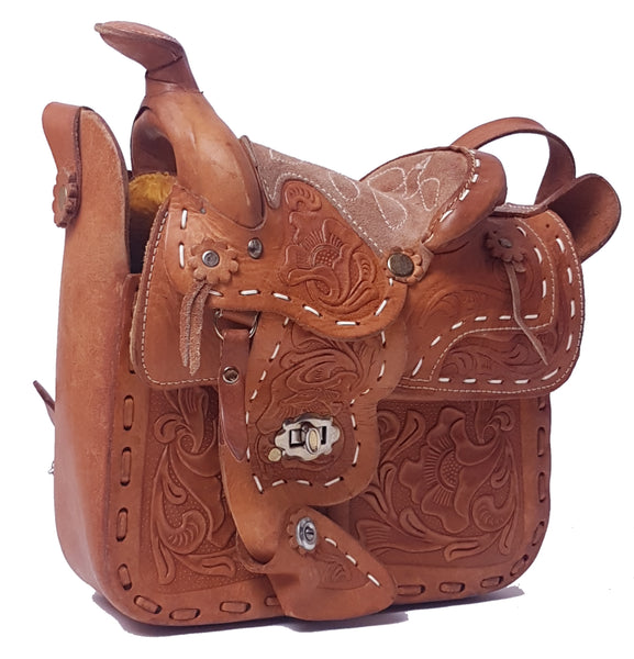Vintage 60's Honey Brown Mexican Tooled Leather Horse Western Saddle Bag Purse