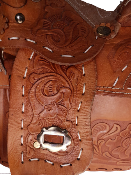 Vintage 60's Honey Brown Mexican Tooled Leather Horse Western Saddle Bag Purse