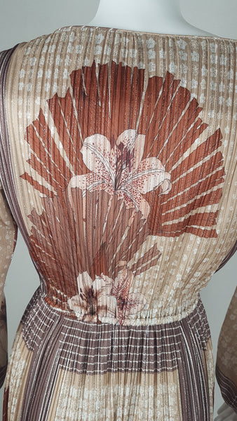 Vintage 1970's Art Nouveau Style Floral Lily Print Lurex Stripe Dress