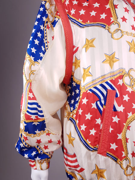 Vintage 80/90's | Mureli Pure Silk Bold USA flag & Chain Print Windbreaker Jacket