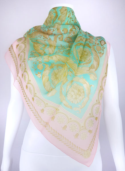 Vintage 90's | Authentic Versace | 100% Silk Pastel Pink & Aqua Floral Morif Scarf