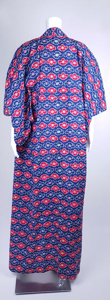 Vintage Blue & Red & White Lotus Flower Cotton Kimono