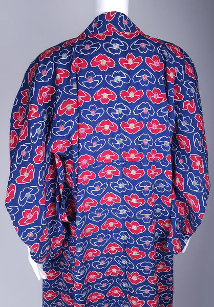 Vintage Blue & Red & White Lotus Flower Cotton Kimono