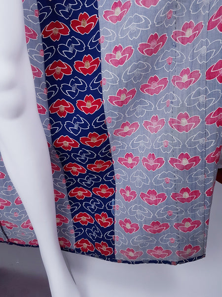 Vintage Blue & Red & White Lotus Flower Cotton Kimono