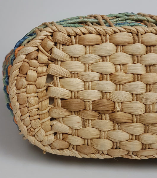 Boho Rafia Woven Cotton Zipped Shoppers Tote Bag with Unique Wooden Handles