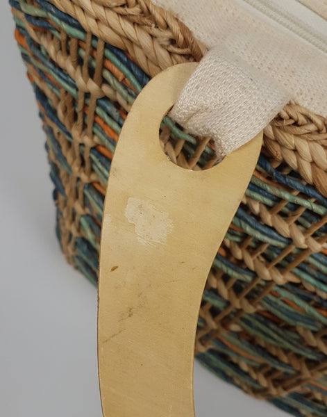 Boho Rafia Woven Cotton Zipped Shoppers Tote Bag with Unique Wooden Handles