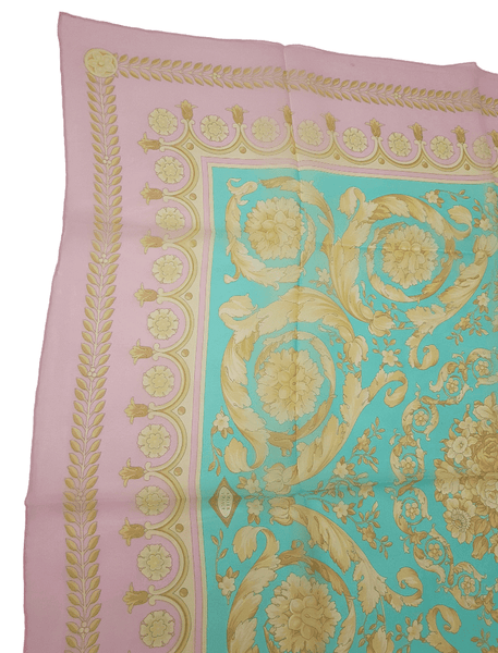 Vintage 90's | Authentic Versace | 100% Silk Pastel Pink & Aqua Floral Morif Scarf