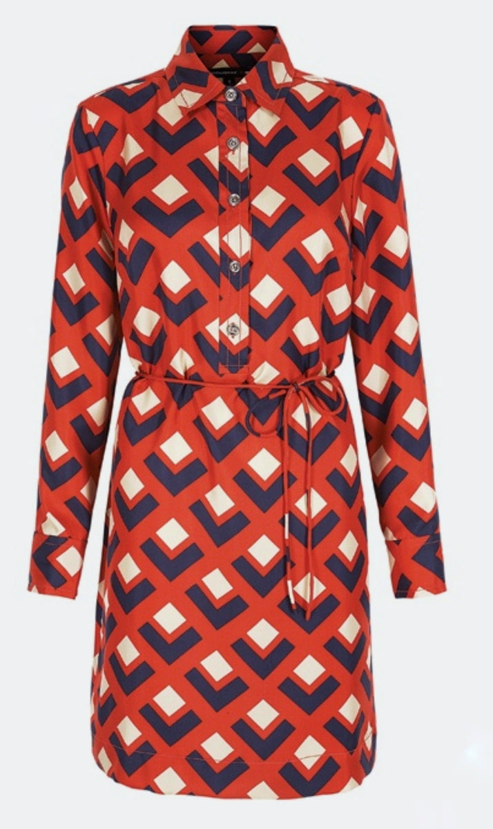 Madmen Collection Red & Navy Geometric Print Silk Shirt Dress - Deadstock  with tags – Coeva Vintage
