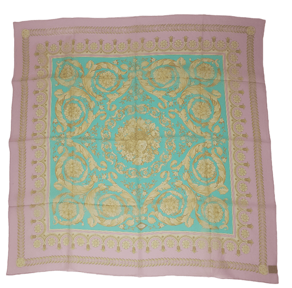 Vintage 90's | Authentic Versace | 100% Silk Pastel Pink & Aqua Floral Morif Scarf