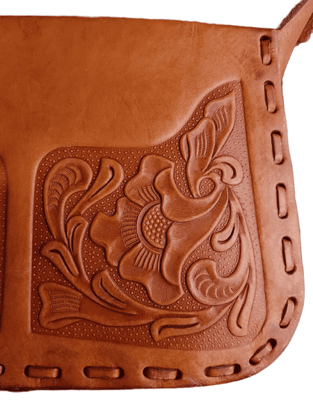 Vintage 60's Honey Brown Mexican Tooled Leather Horse Western Saddle Bag Purse