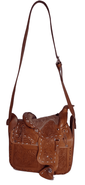 Vintage 60's Honey Brown Mexican Tooled Leather Horse Western Saddle Bag Purse