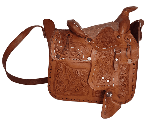 Vintage 60's Honey Brown Mexican Tooled Leather Horse Western Saddle Bag Purse