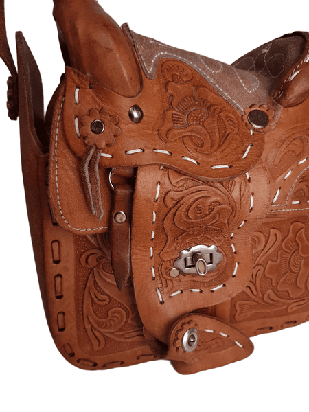 Vintage 60's Honey Brown Mexican Tooled Leather Horse Western Saddle Bag Purse