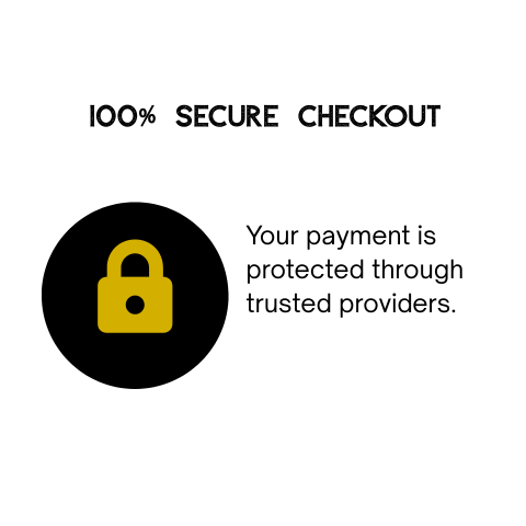 Secure checkout graphic with a yellow lock icon on a white background. Text: 100% Secure Checkout. Your payment is protected through trusted providers.