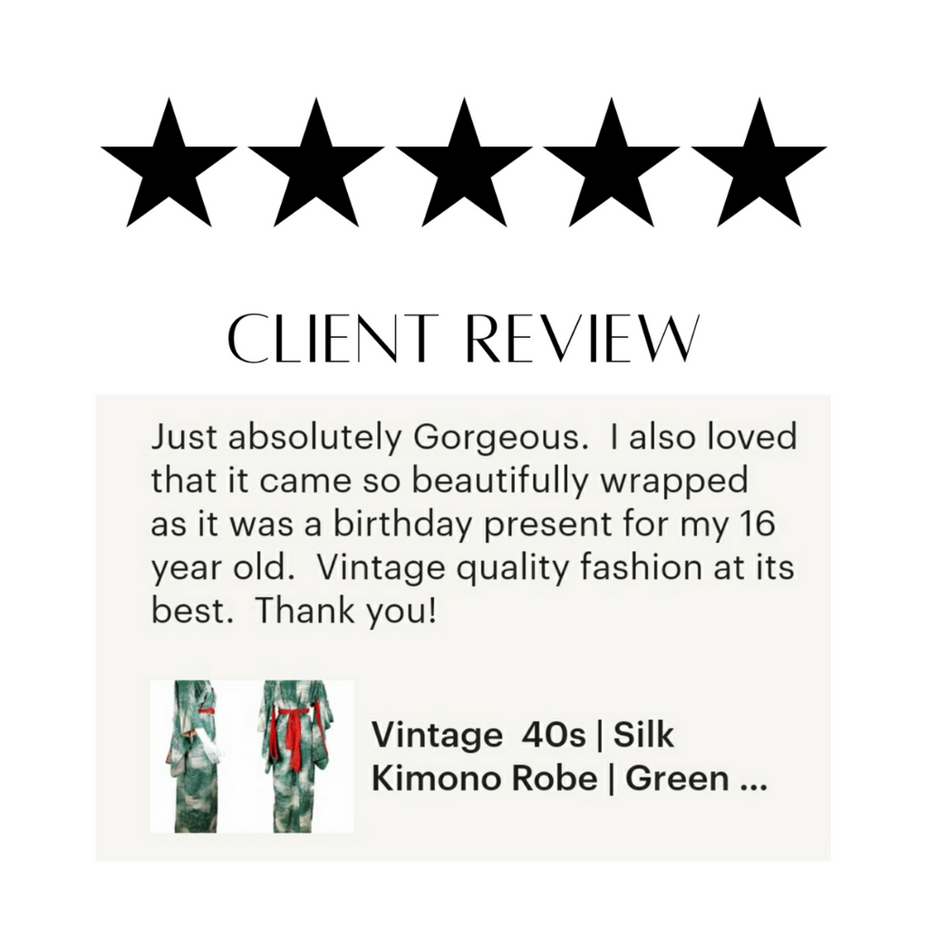 Client review "just absolutely gorgeous. I also loved that it came so beautifully wrapped as it was a birthday present for my 16 year old. Vintage quality fashion at its best. Thank you!" 