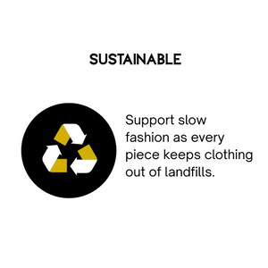 Solid graphic with a yellow and white recycle icon on a white background. Text: Support slow fashion as every piece keeps clothing out of landfill