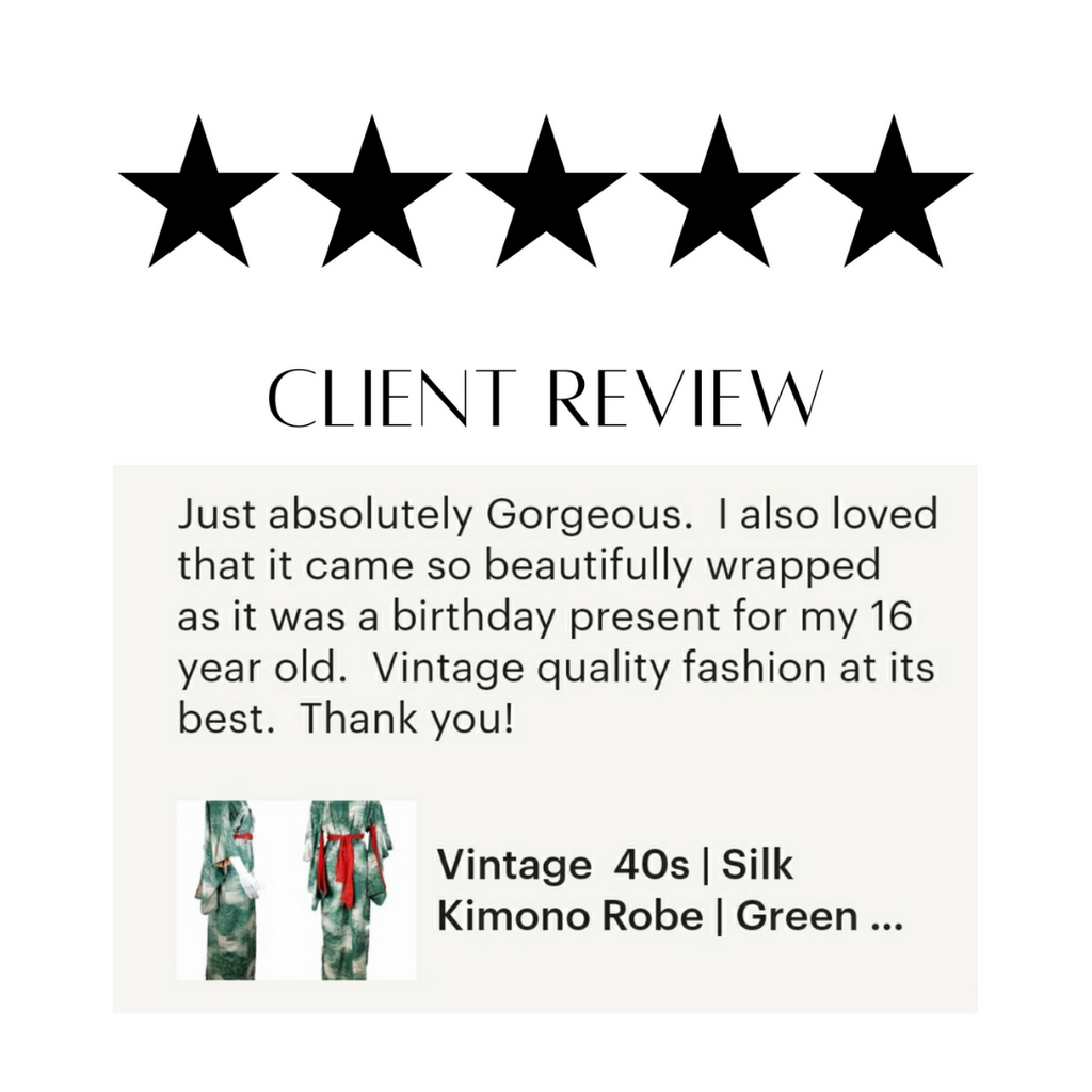 Five-star client review for Coeva Vintage. Customer says "just absolutely gorgeous. I also loved that it came so beautifully wrapped as it was a birthday present for my 16 year old. Vintage quality fashion at its best. Thank you!" 