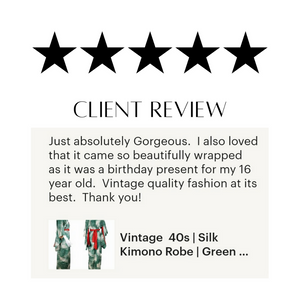Five-star client review for Coeva Vintage. Customer says "just absolutely gorgeous. I also loved that it came so beautifully wrapped as it was a birthday present for my 16 year old. Vintage quality fashion at its best. Thank you!" 