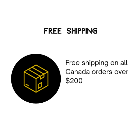 Solid graphic with a yellow shipping box icon on a white background. Text: Free shipping on all canada orders over $200