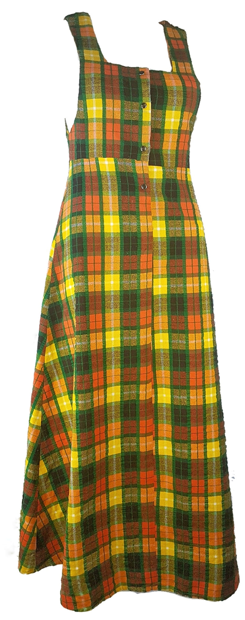 Vintage 70's | Green Orange Yellow  | Tartan Plaid Pinafore A-Line Maxi  Dress