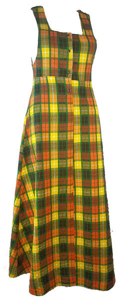 Vintage 70's | Green Orange Yellow  | Tartan Plaid Pinafore A-Line Maxi  Dress