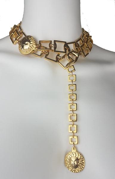 Vintage 90's | Authentic Versace Profumi | Sun God Medallion & Metal Chain Link Belt (Can also be worn as necklace)