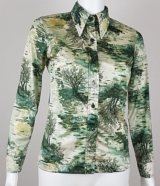 Vintage 70's Funky Green Forest /Tree Print Shirt