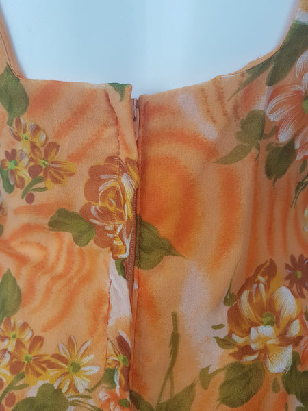 Vintage 1970's | Orange Floral Chiffon Maxi Dress