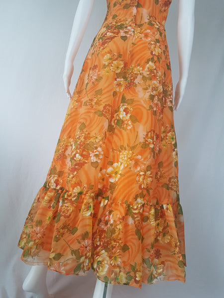 Vintage 1970's | Orange Floral Chiffon Maxi Dress