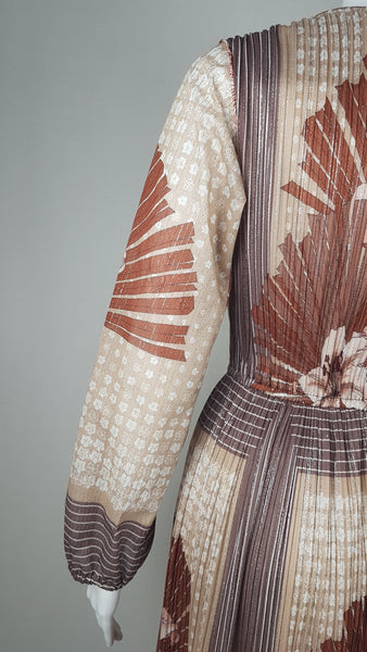 Vintage 1970's Art Nouveau Style Floral Lily Print Lurex Stripe Dress