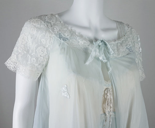 Torso details of Vintage 1960s Aristocraft by Superior pastel blue peignoir with cream floral lace and ribbon ties displayed on a mannequin - side view