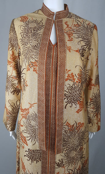 Vintage 1970s | Alfred Shaheen Gold Knit Metallic Floral 2 Piece  - Maxi Dress & Jacket (Rare Larger Size)