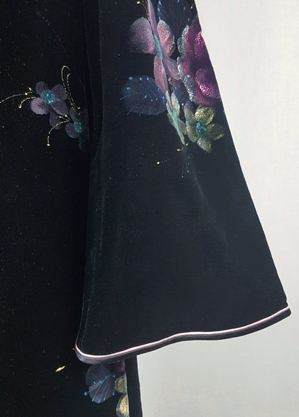 Vintage 1950's | Hand Painted Black Velvet Floral Cheongsam Qipao Dress