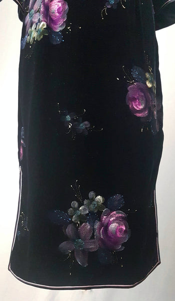 Vintage 1950's | Hand Painted Black Velvet Floral Cheongsam Qipao Dress