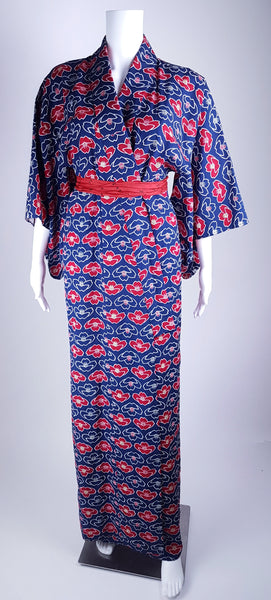 Vintage Blue & Red & White Lotus Flower Cotton Kimono