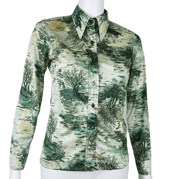 Vintage 70's Funky Green Forest /Tree Print Shirt
