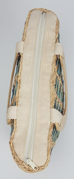 Boho Rafia Woven Cotton Zipped Shoppers Tote Bag with Unique Wooden Handles