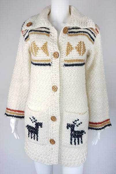 Vintage 1990's Leroy Knitwear Cream Deer Cardigan Sweater 