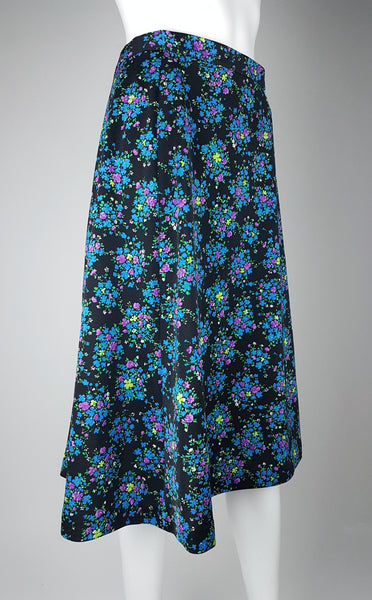 Vintage 70s Black Vibrant Blue, Purple & Green Floral Print Skirt