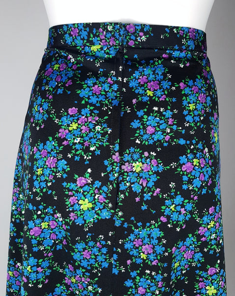 Vintage 70s Black Vibrant Blue, Purple & Green Floral Print Skirt