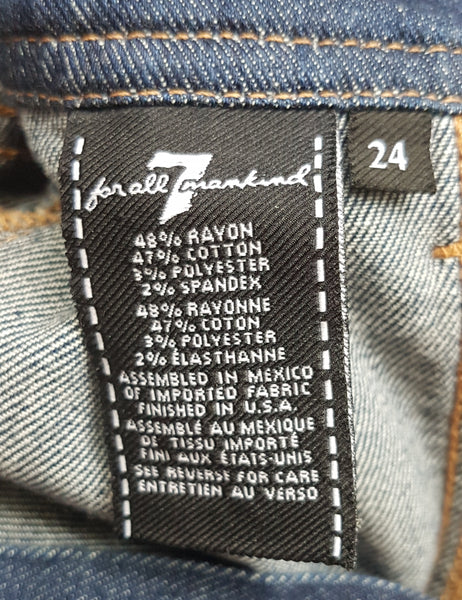 Close-up of the 7 For All Mankind size and composition label showing size 24 and the rayon-cotton stretch-denim blend.