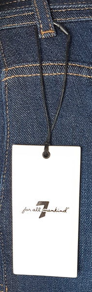 Front view of the original 7 For All Mankind retail hangtag attached to the deadstock palazzo jeans.