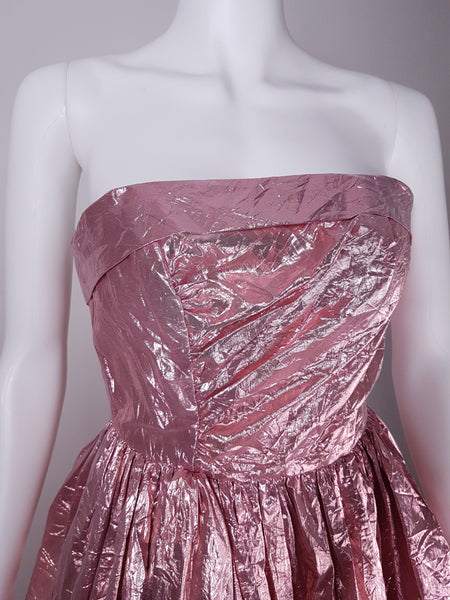 Close-up front view of diagonally draped bodice and strapless neckline