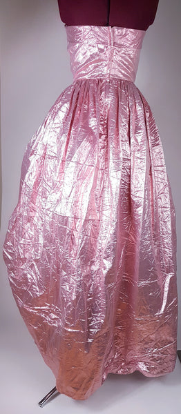 Back view of Vintage 1980s metallic pink lamé strapless prom gown by TD4 by Eletra with full gathered skirt