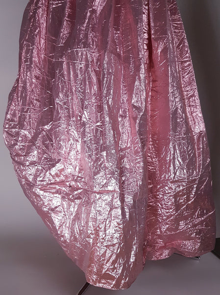Back close up view of Vintage 1980s metallic pink lamé strapless prom gown by TD4 by Eletra with full gathered skirt