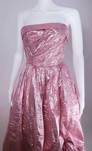 Front view of Vintage 1980s metallic pink lamé strapless prom gown by TD4 by Eletra with full gathered skirt