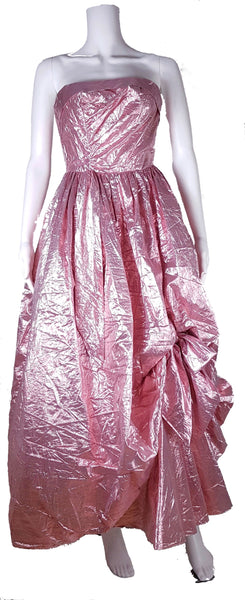 Vintage Vintage 1980s metallic pink lamé strapless prom gown by TD4 by Eletra metallic pink lamé strapless prom gown, full front view