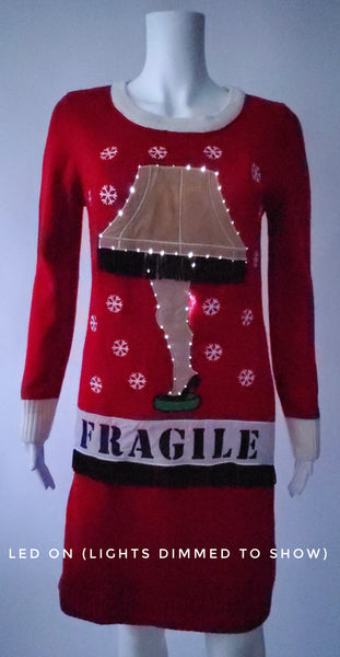 A Christmas Story sweater dress photographed with the LED lampshade lights illuminated