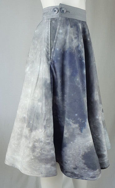 Full side view of BG Design Canada Moon Print Circle Skirt from Fall 2016 Collection displayed on a mannequin