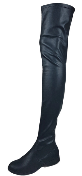 Black vegan leather over-the-knee boots with a smooth texture and a slight sheen, featuring a partial side zip closure and an almond-shaped toe.